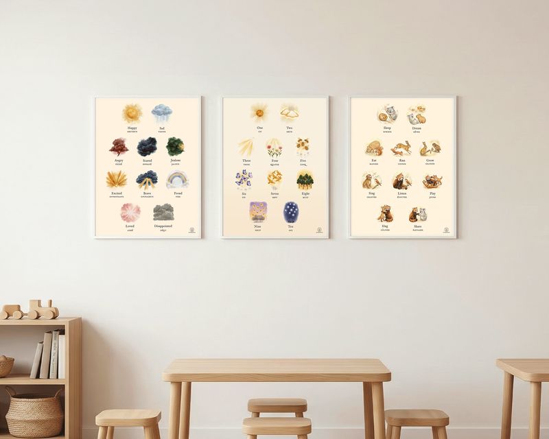 Three Foundations prints framed on a classroom wall above a low table