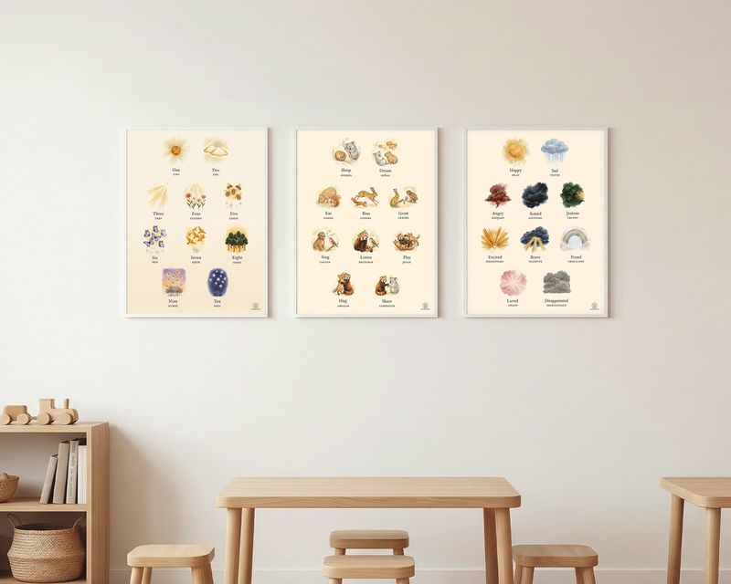 Three Foundations prints framed on a classroom wall above a low table