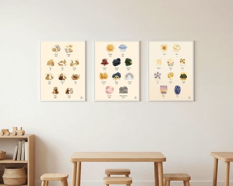Three Foundations prints framed on a classroom wall above a low table
