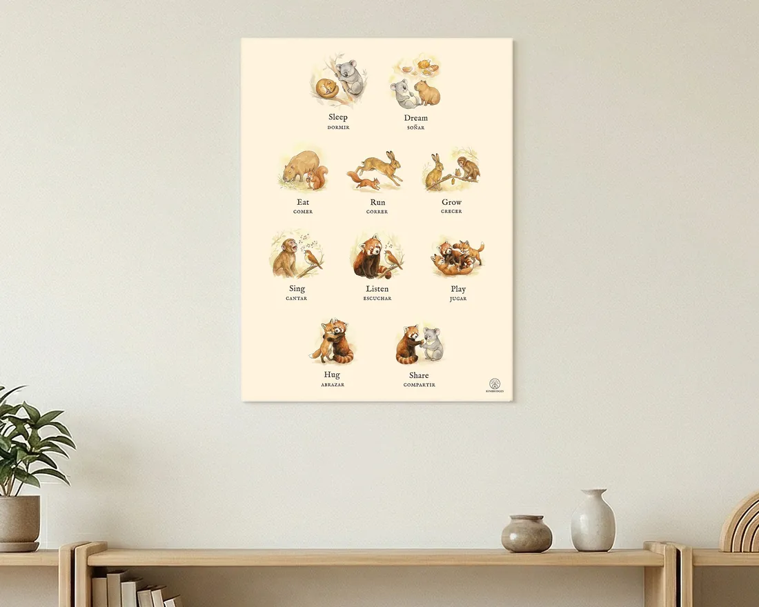 The Kinbridges Verbs print, English and Spanish, hanging above a low wooden shelf