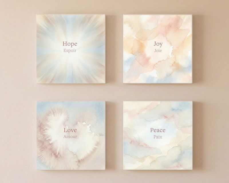 Hope, Joy, Love, and Peace canvases in the Ethereal Wash style, English and French