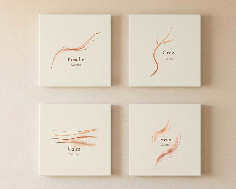 Breathe, Grow, Calm, and Dream canvases in the Virtue Flow style, English and Spanish
