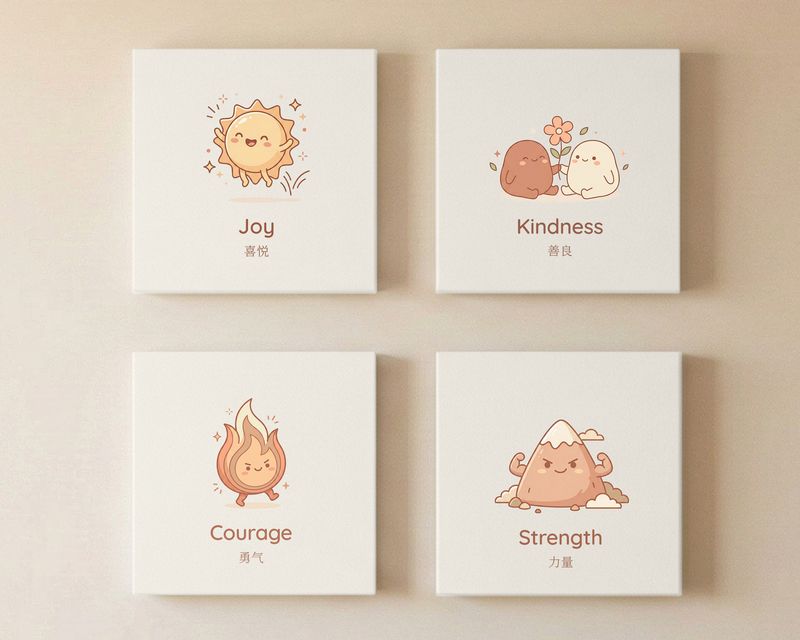 Joy, Kindness, Courage, and Strength canvases in the Virtue Friends style, English and Mandarin