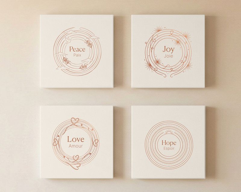 Peace, Joy, Love, and Hope canvases in the Virtue Medallions style, English and French