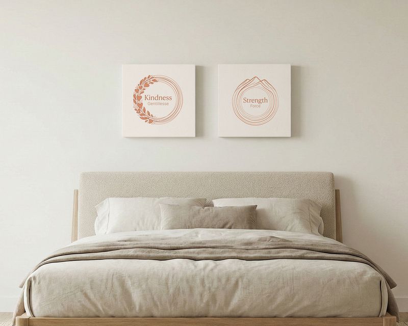 Two Virtue Medallions canvases above a bed