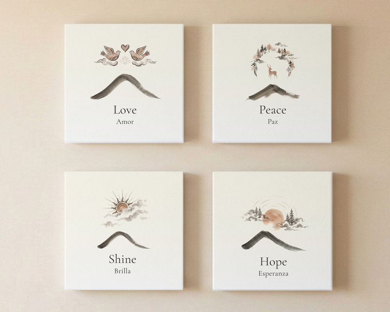 Love, Peace, Shine, and Hope canvases in the Virtue Mountains style, English and Spanish