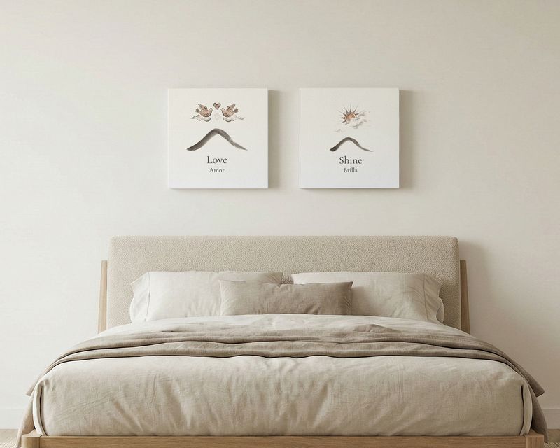 Two Virtue Mountains canvases above a bed