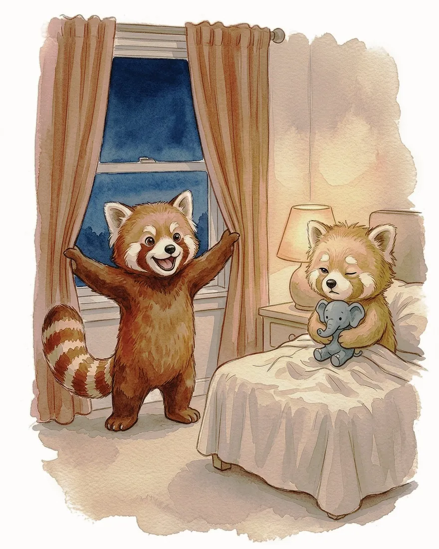Rumi throwing open the curtains to a dark sky while a sleepy Lulu hugs her stuffed elephant in bed