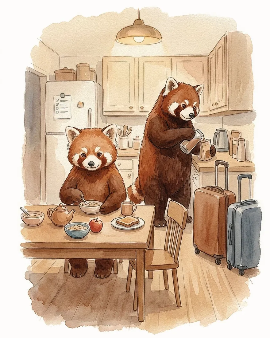 Mama eating breakfast at the kitchen table while Papa pours a drink, two suitcases waiting by the counter
