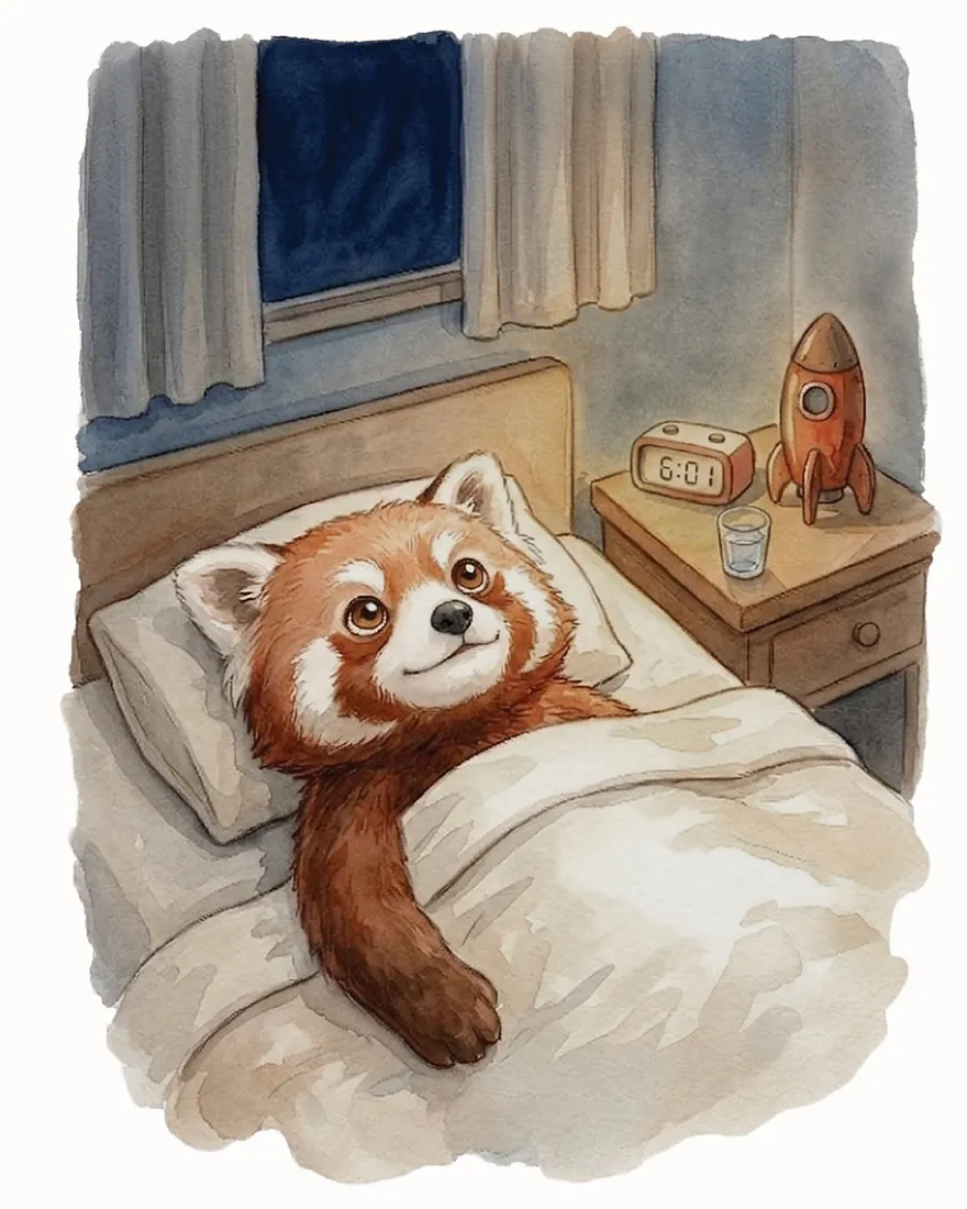 Rumi awake in bed before dawn, his toy rocket and alarm clock on the nightstand