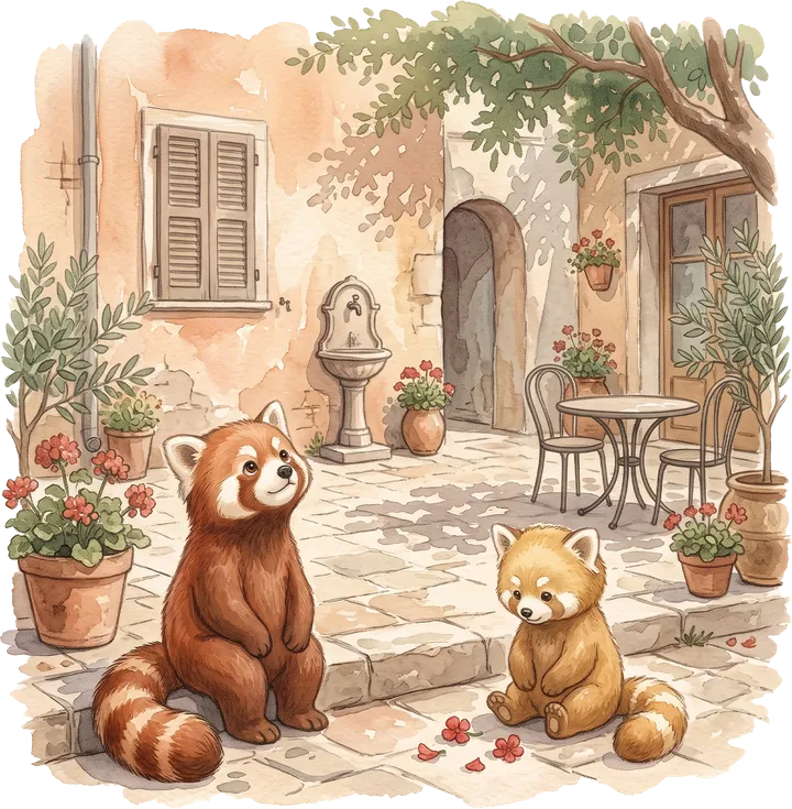 Rumi and his little sister Lulu sitting together in a sunny courtyard